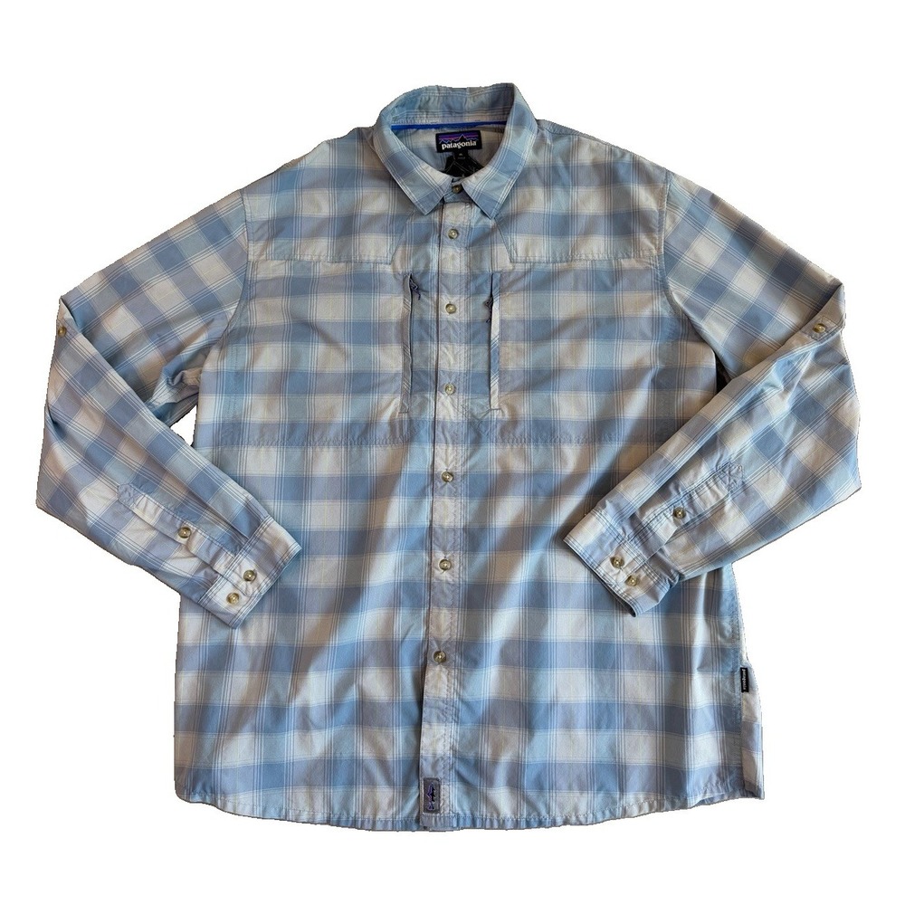 Patagonia Sun Stretch Shirt Mens XL Blue Plaid Button Up Fishing Hiking Montana